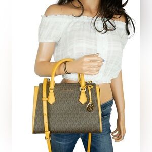 Michael Kors Brown Logo Satchel with Yellow Trim